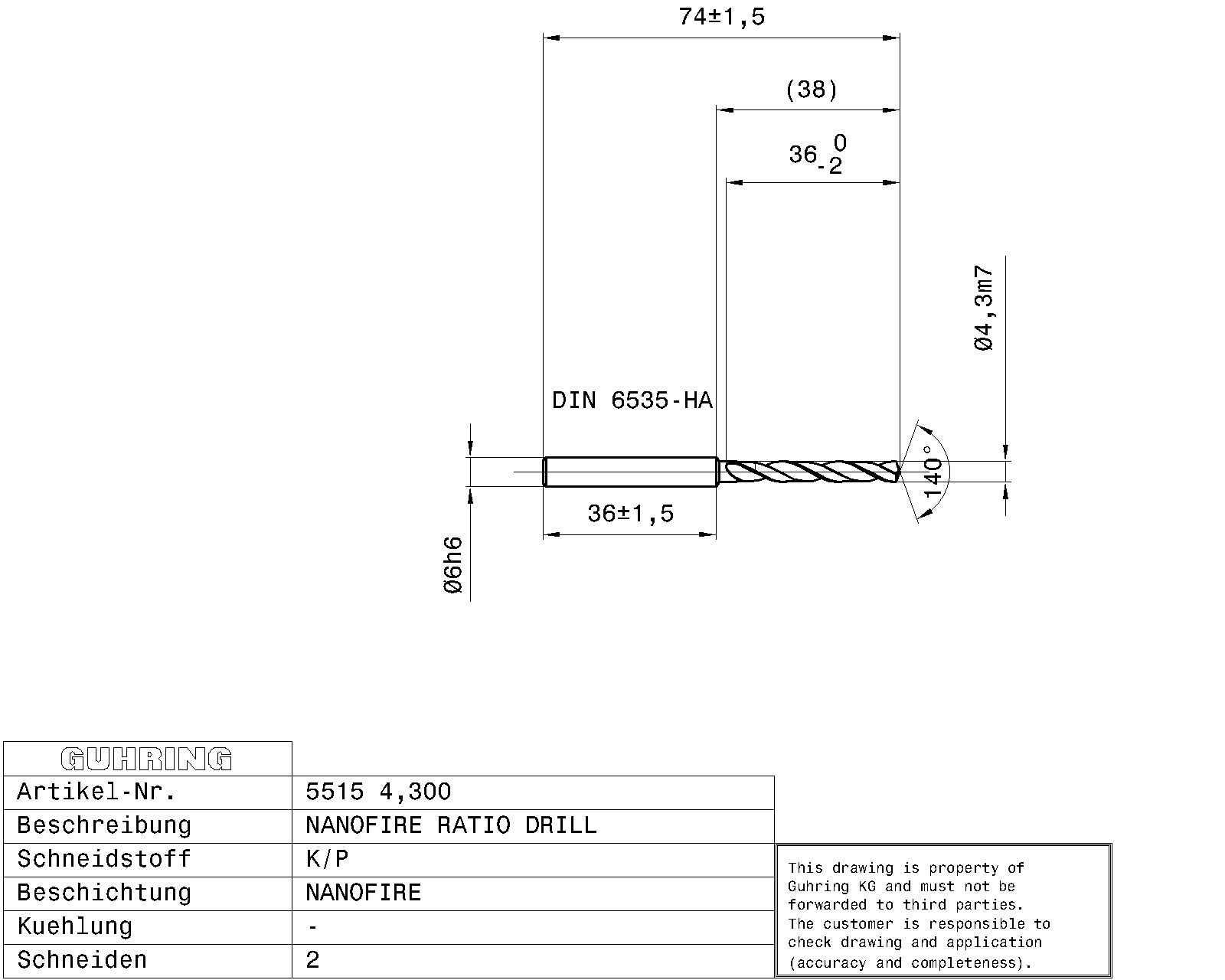 Guhring 5 x D ratio drill Carbide Fire Coated - Image 2