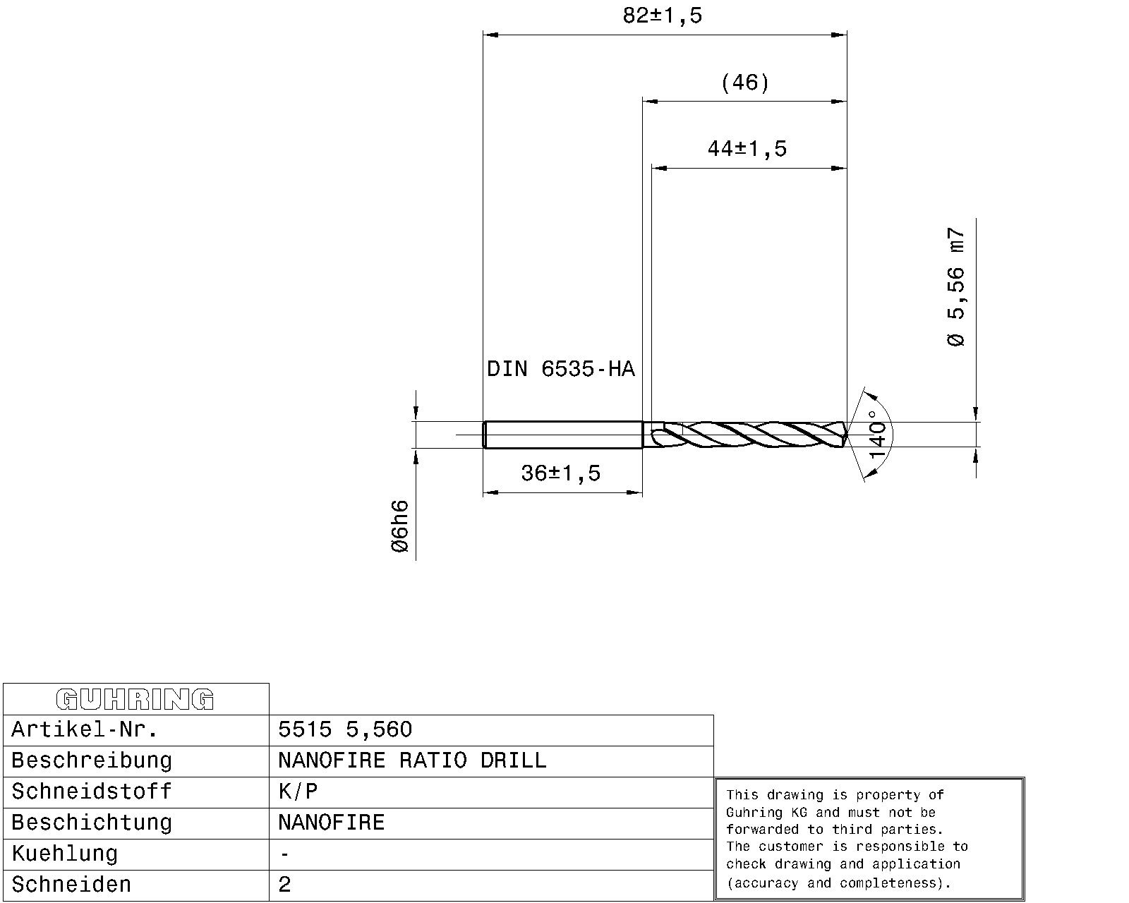 Guhring 5 x D ratio drill Carbide Fire Coated 7/32 - Image 2