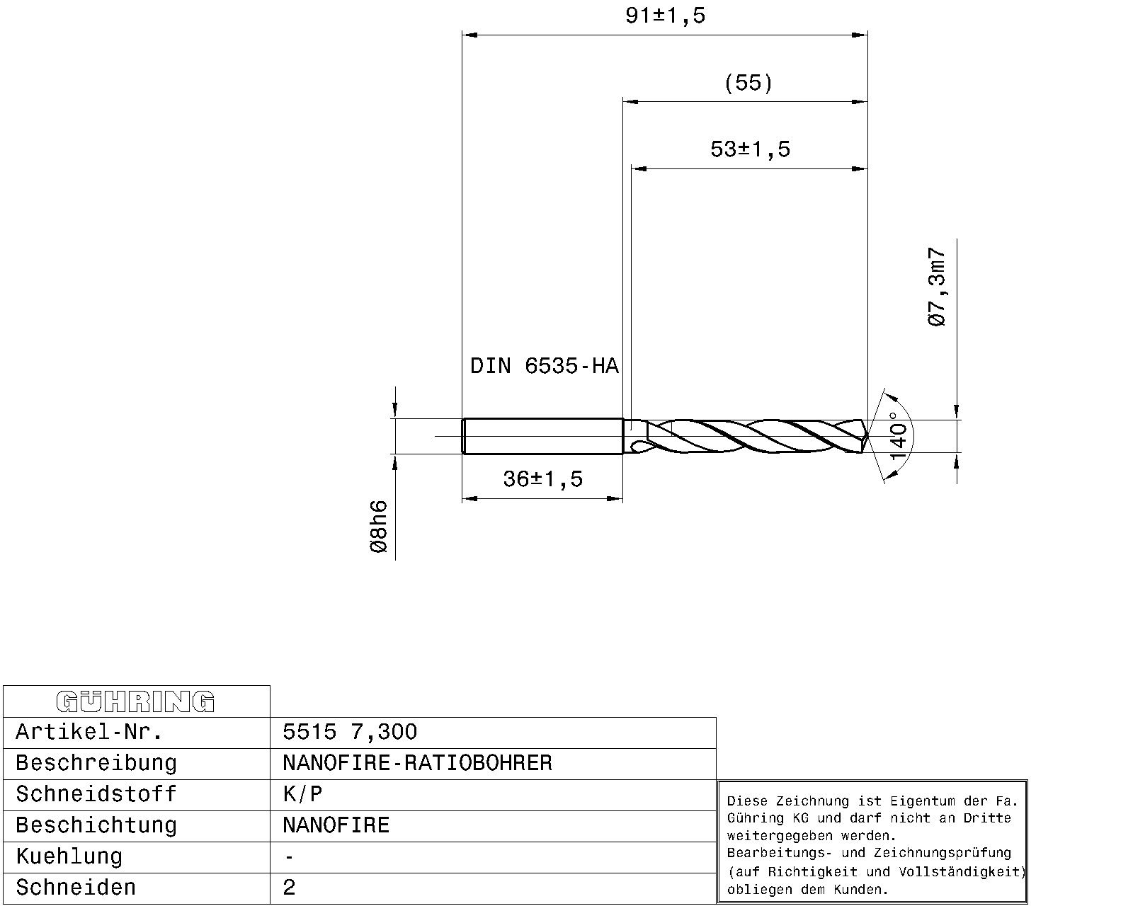 Guhring 5 x D ratio drill Carbide Fire Coated - Image 2