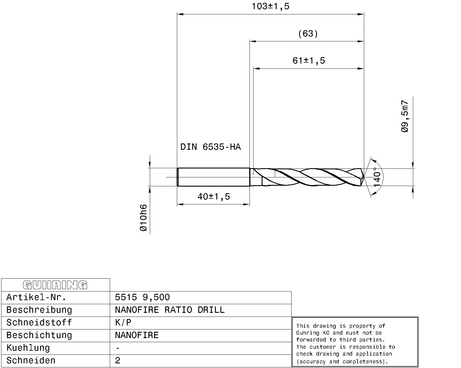 Guhring 5 x D ratio drill Carbide Fire Coated - Image 2