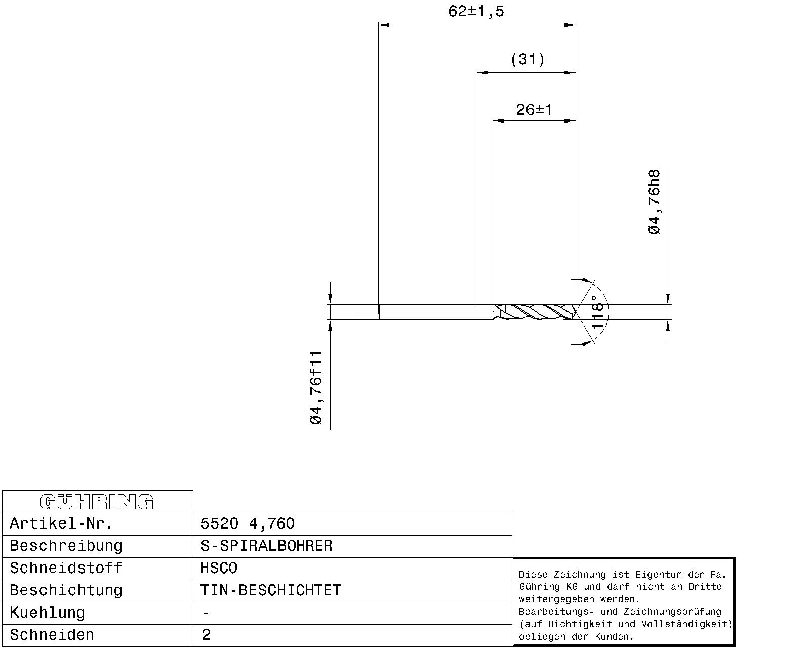 Guhring Stub drill HSCO TiN Coated 3/16 - Image 2