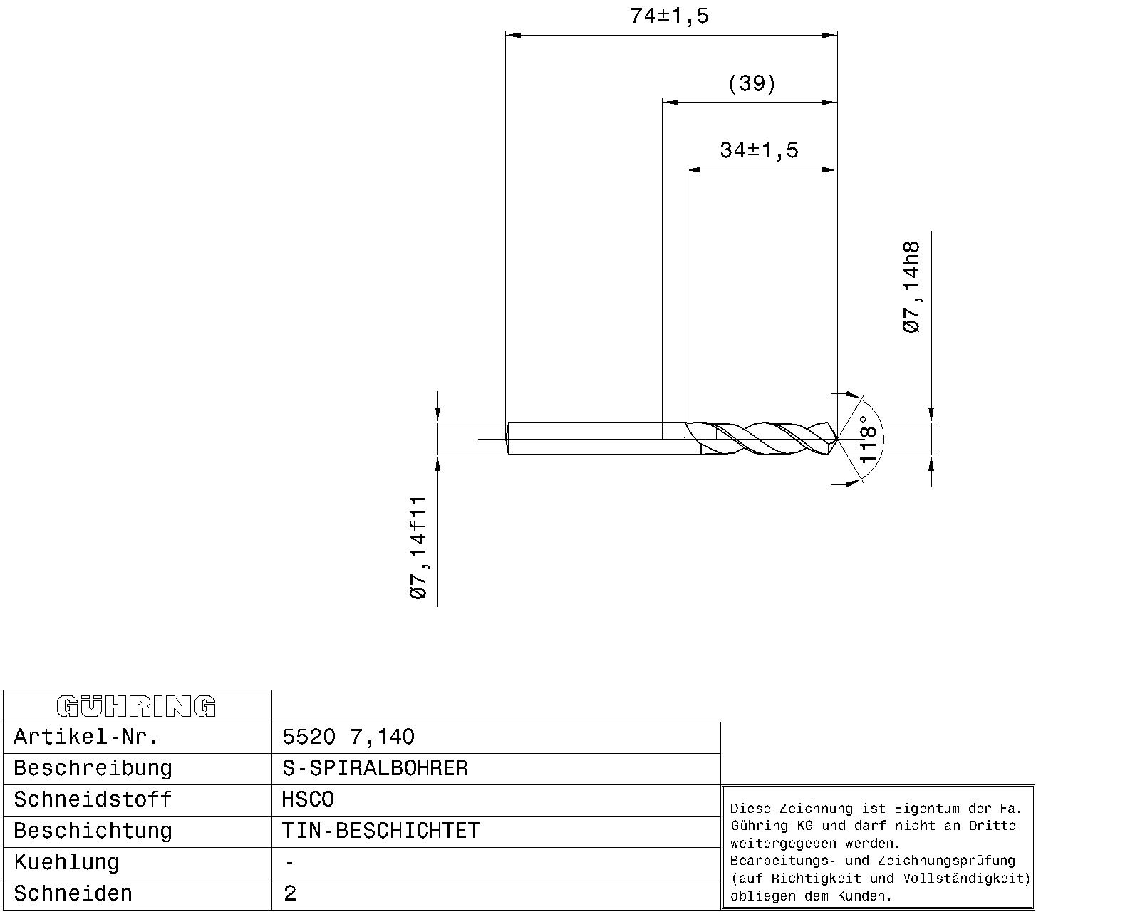 Guhring Stub drill HSCO TiN Coated 9/32 - Image 2