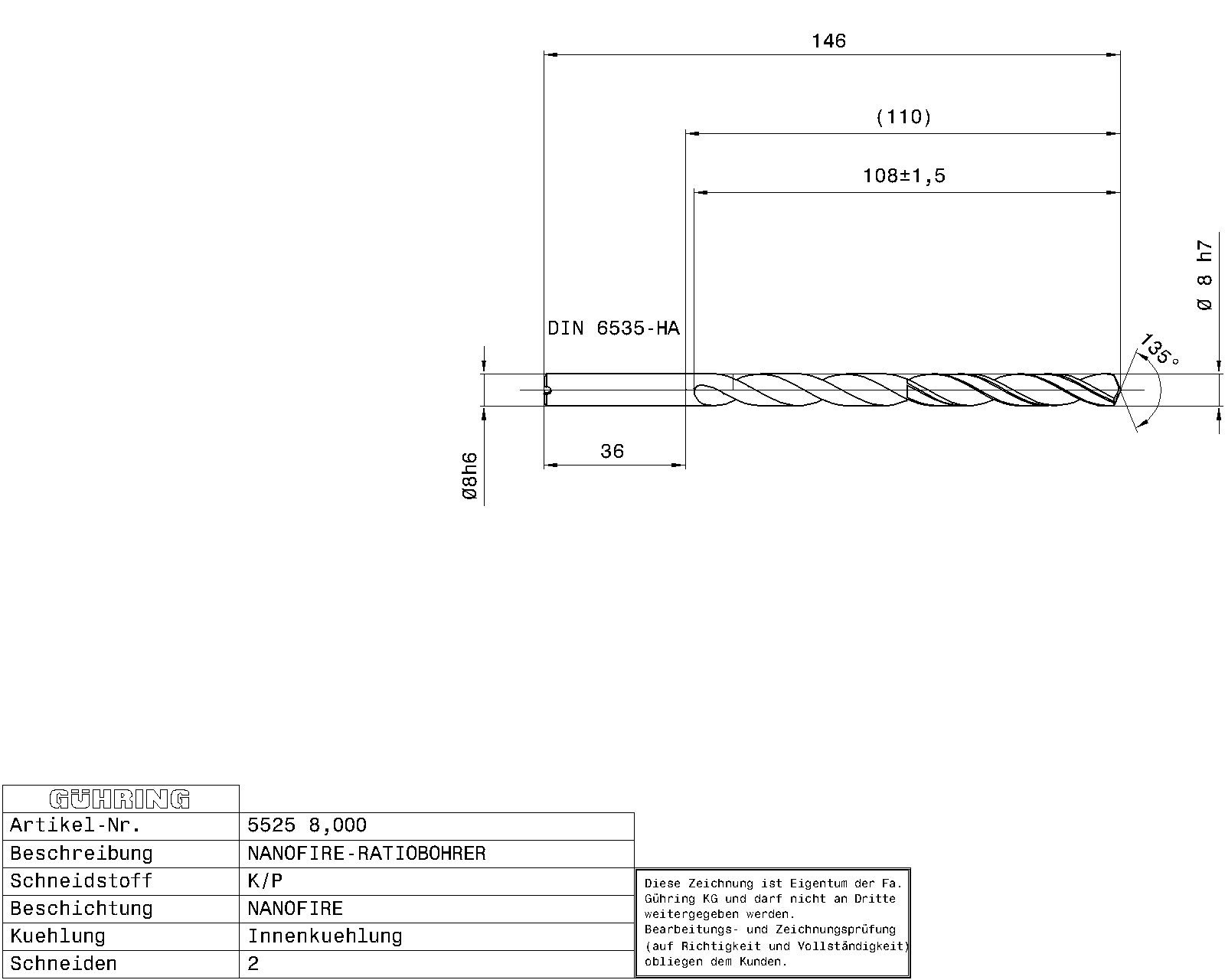 Guhring 12 x D ratio drill thru cool Carbide Fire Coated - Image 2