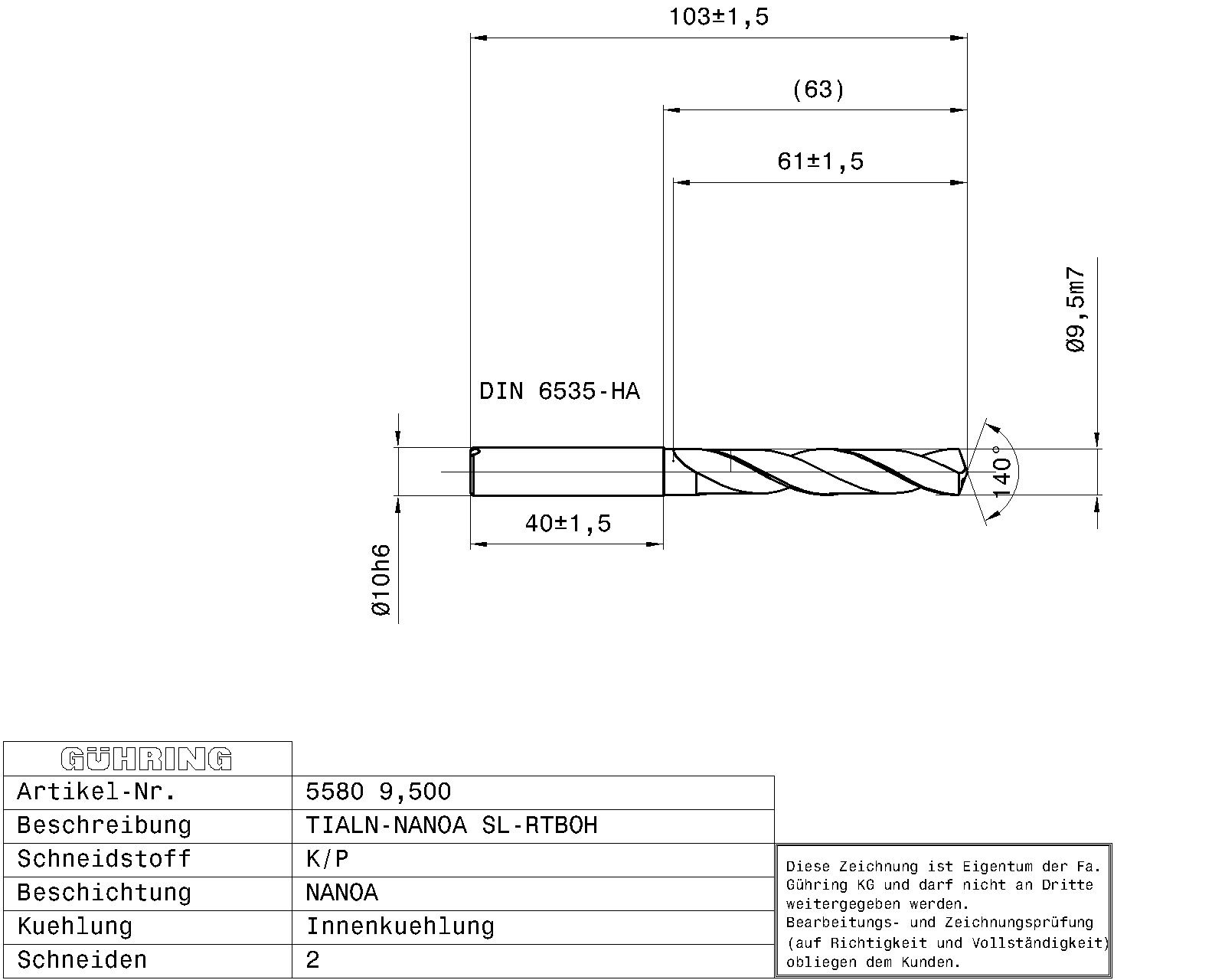 Guhring 5 x D ratio drill thru cool Carbide Fire Coated Stainless Steel - Image 2