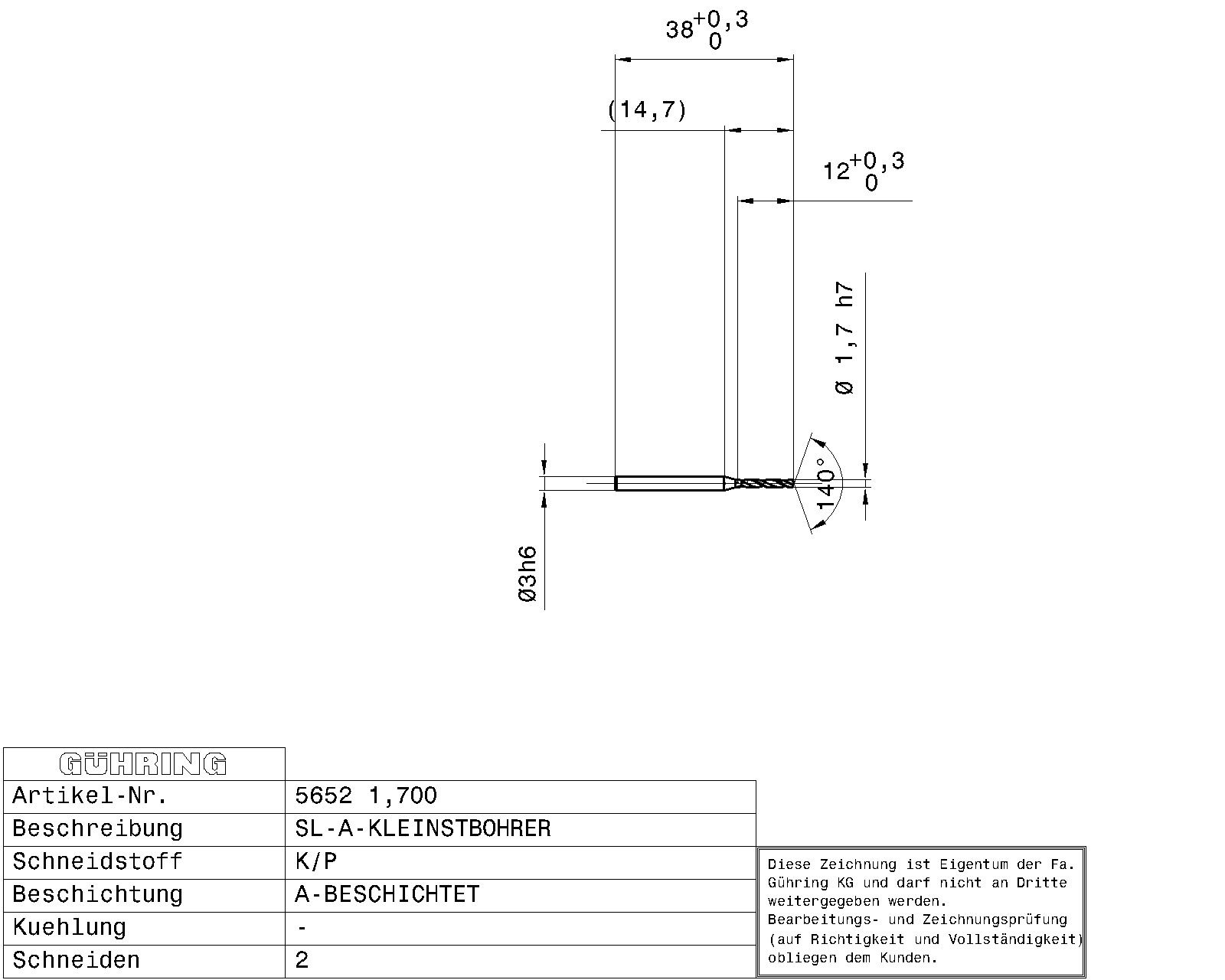 Guhring Solid carbide drill 38 OAL x 12mm flute TiAlN coated - Image 2