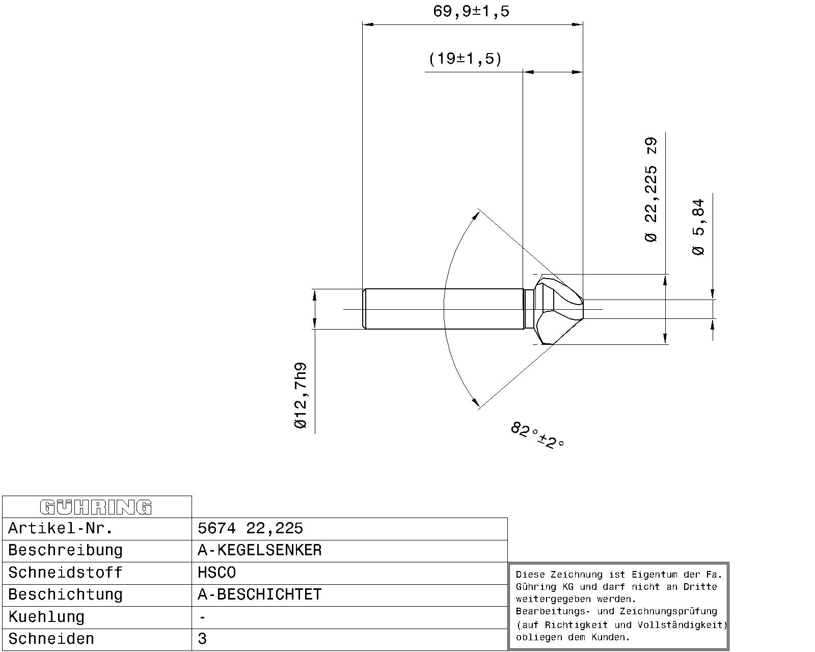 Guhring Countersink SpyroTec 82deg 7/8 HSCO TiAlN coated - Image 2