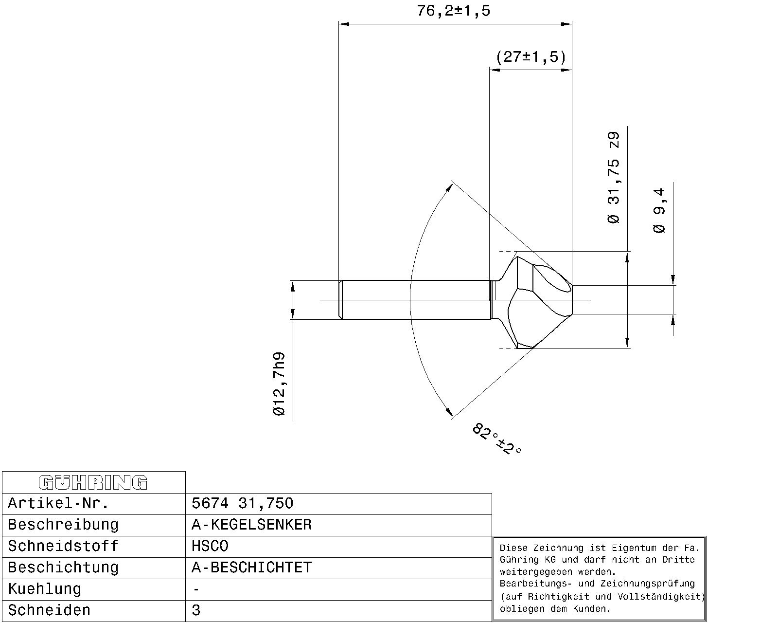 Guhring Countersink SpyroTec 82deg 1-1/4 HSCO TiAlN coated - Image 2