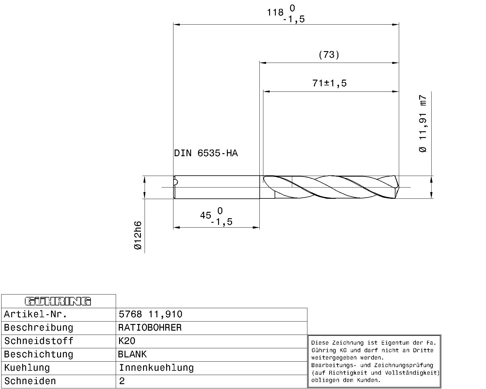 Guhring 5 x D Ratio Drill Thru Coolant Carbide RF100 A Polished For Aluminium 15/32 - Image 2
