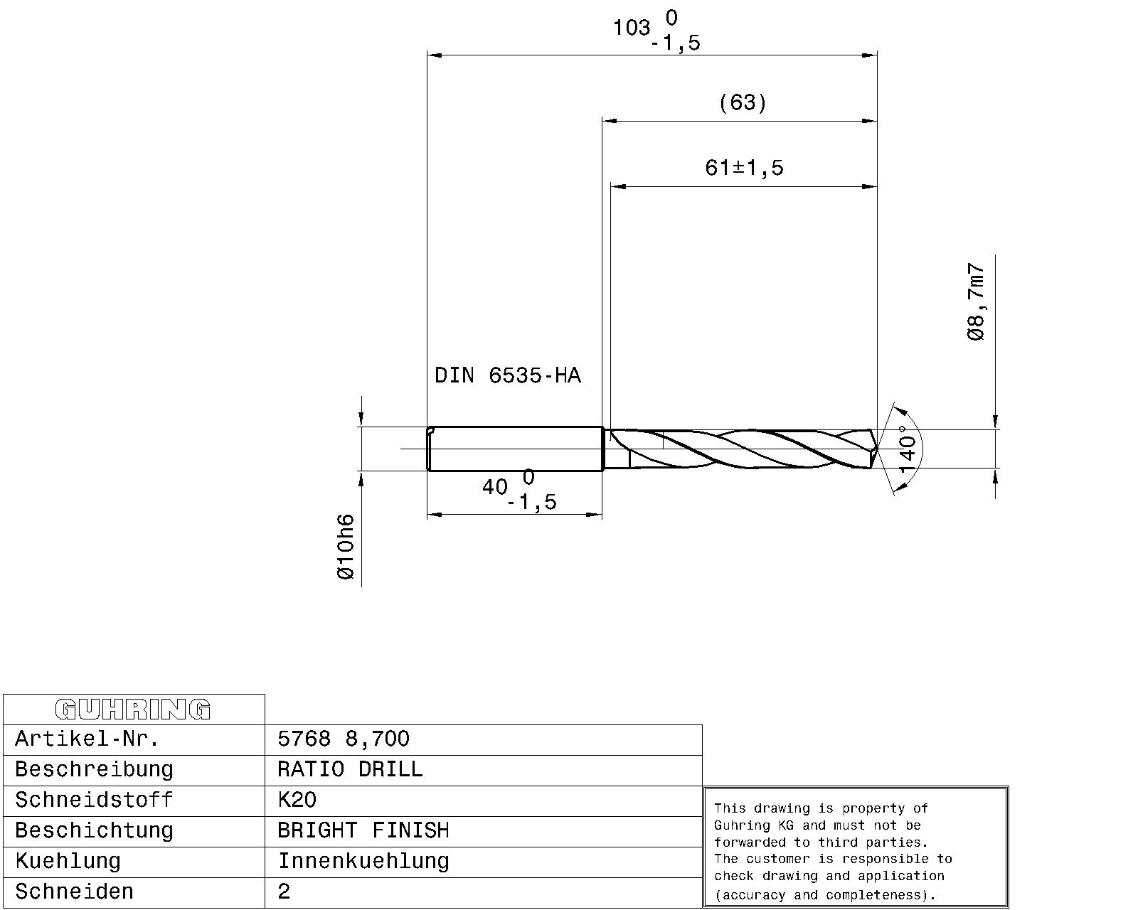 Guhring 5 x D Ratio Drill Thru Coolant Carbide RF100 A Polished For Aluminium - Image 2