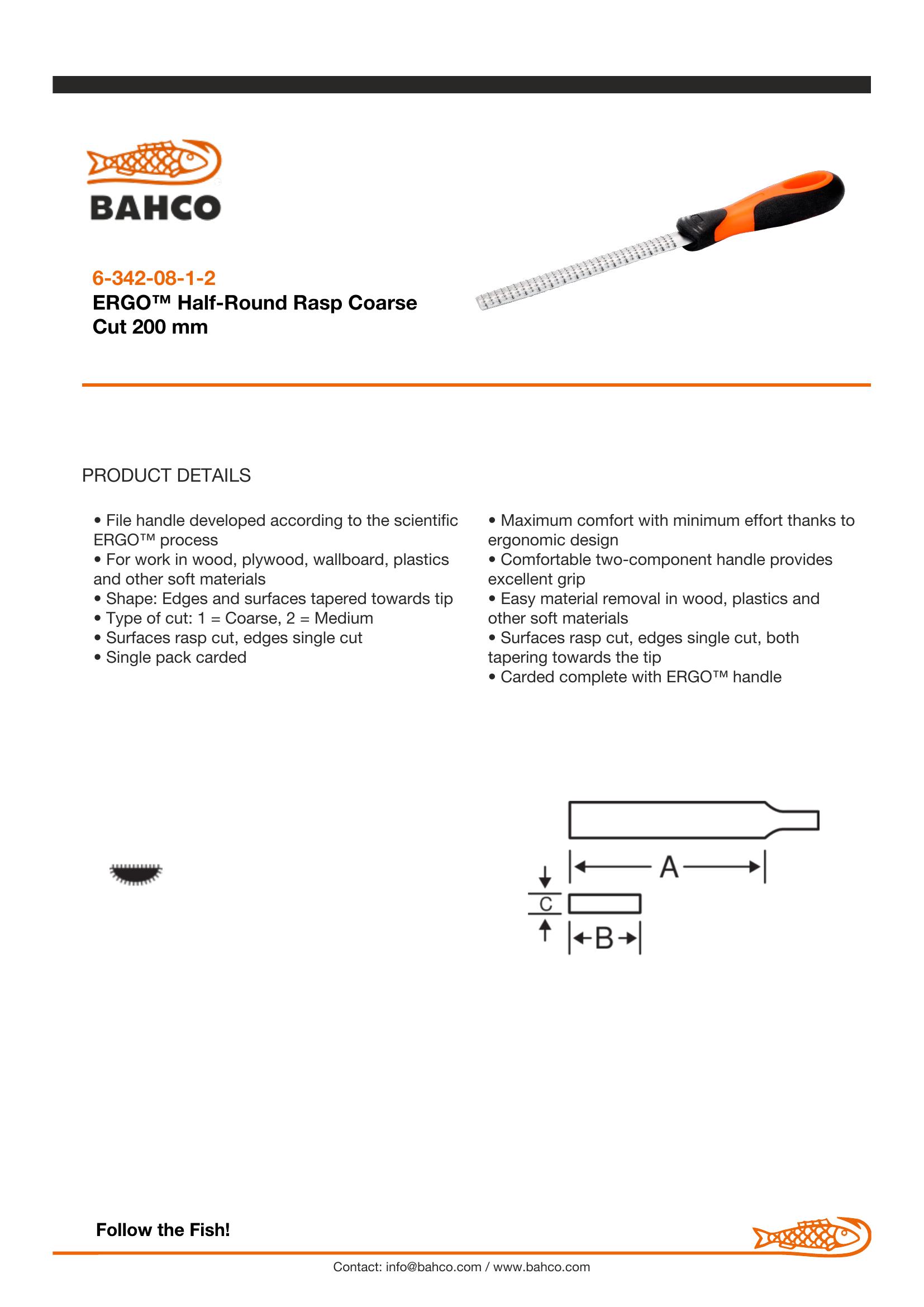 Bahco Half round rasp, 8", 20cm, bastard cut, ergo handle - Image 4