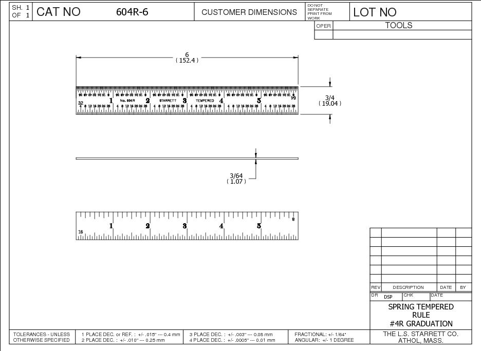 Starrett RULE 6IN 4R REGULAR FINISH STEEL 604R-6 Spring-Tempered Steel Rules with Inch Graduations - Image 2
