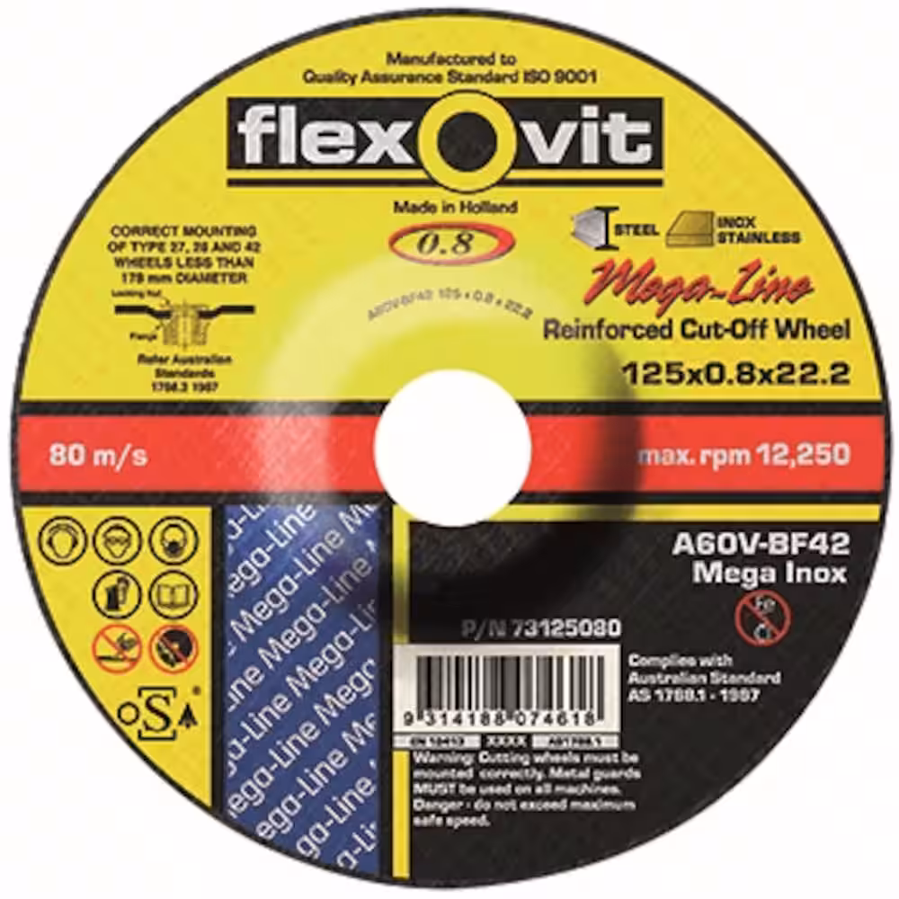FLEXOVIT 125 x 0.8 x 22.23mm A60V-BF42 MEGA INOX METAL DEPRESSED CENTRE -PREMIUM- ULTRA THIN