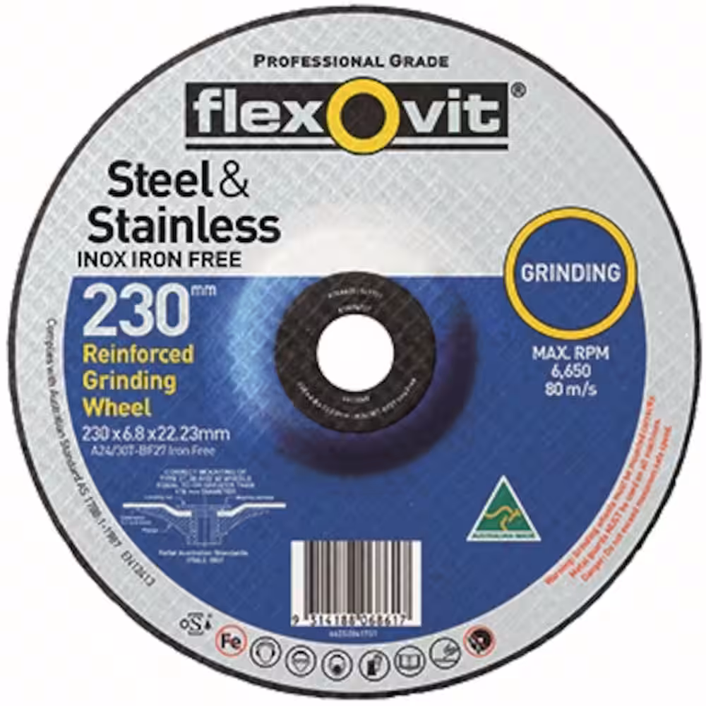 FLEXOVIT 230 x 6.8 x 22.23mm A24/30T IRON FREE METAL DEPRESSED CENTRE GRINDING