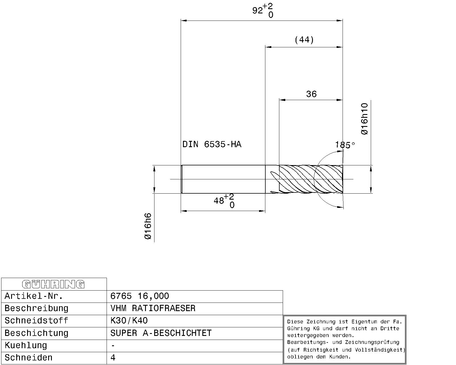 Guhring SOL.CARBIDE RF100 SPEED END MILL SUPER A GUHRING STD. 4-FLUTE 48° HELIX R.H. HA-SHANK - Image 2
