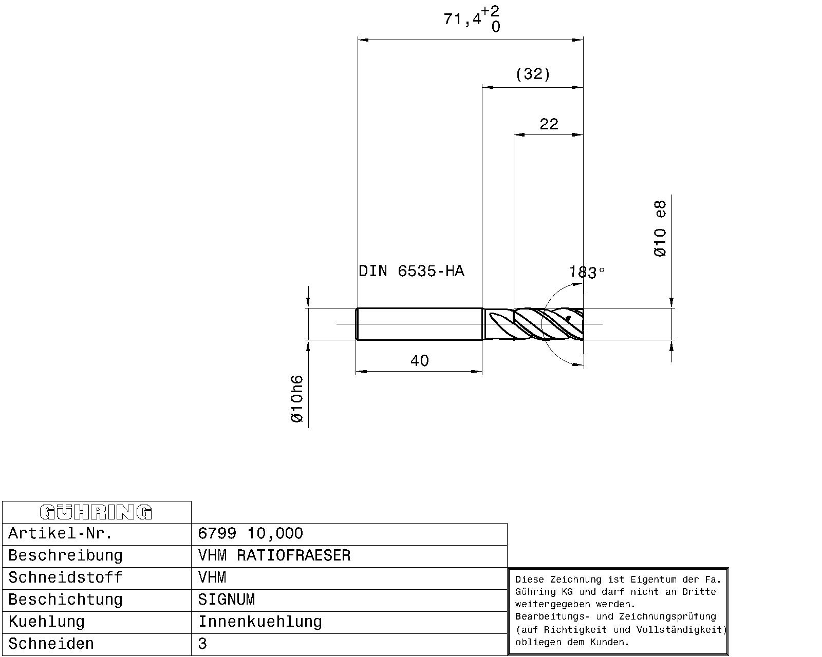 Guhring SOLID CARB. RF100 DIVER END MILL SIGNUM 3 FLUTES I.C. 41/43/45° HELIX HA - Image 2