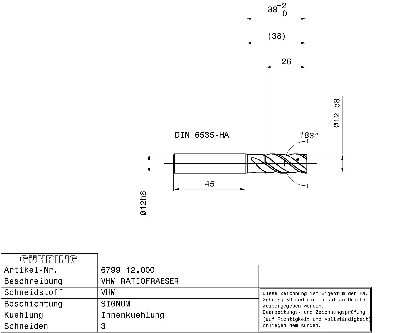 Guhring SOLID CARB. RF100 DIVER END MILL SIGNUM 3 FLUTES I.C. 41/43/45° HELIX HA - Image 2