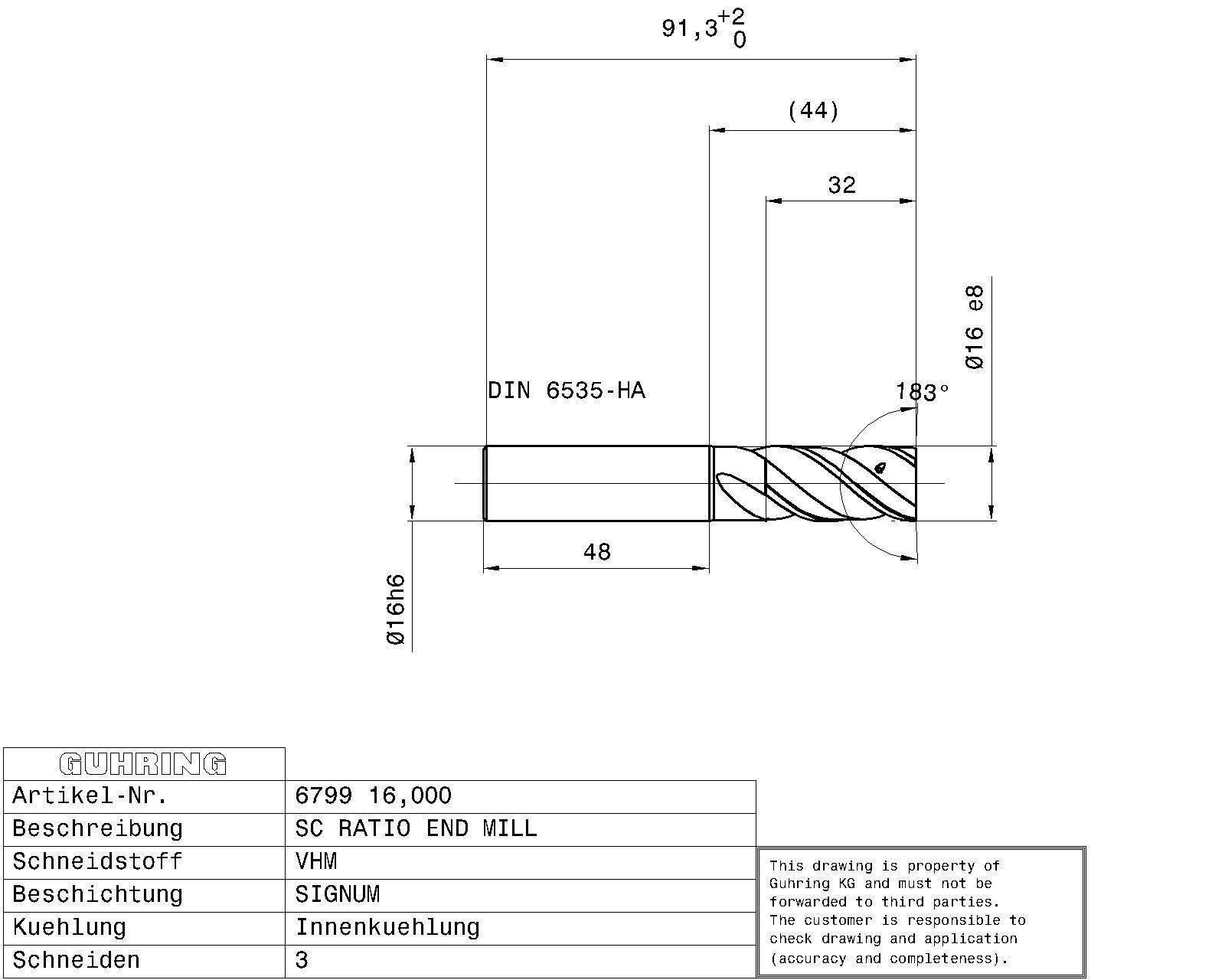 Guhring SOLID CARB. RF100 DIVER END MILL SIGNUM 3 FLUTES I.C. 41/43/45° HELIX HA - Image 2