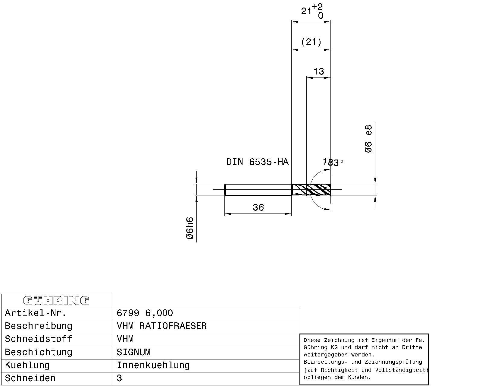 Guhring SOLID CARB. RF100 DIVER END MILL SIGNUM 3 FLUTES I.C. 41/43/45° HELIX HA - Image 2