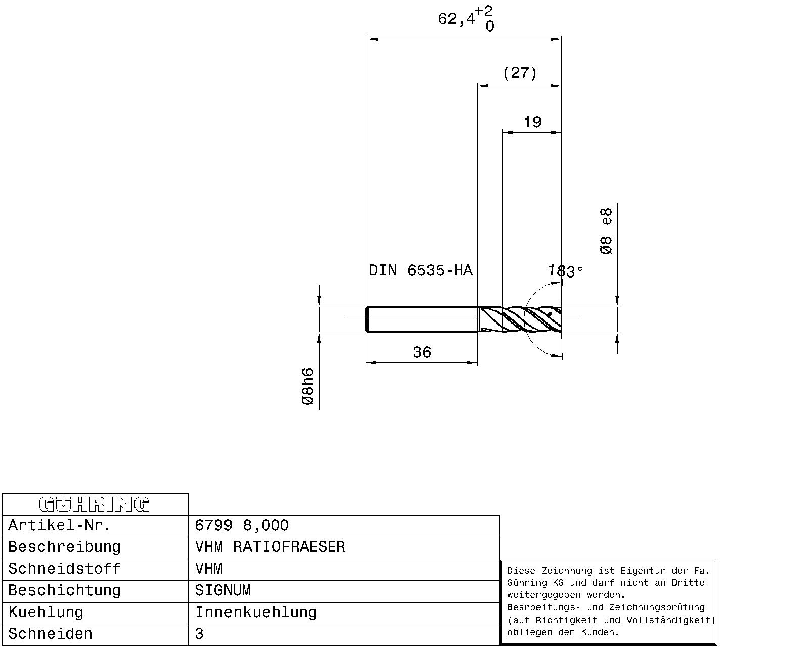 Guhring SOLID CARB. RF100 DIVER END MILL SIGNUM 3 FLUTES I.C. 41/43/45° HELIX HA - Image 2