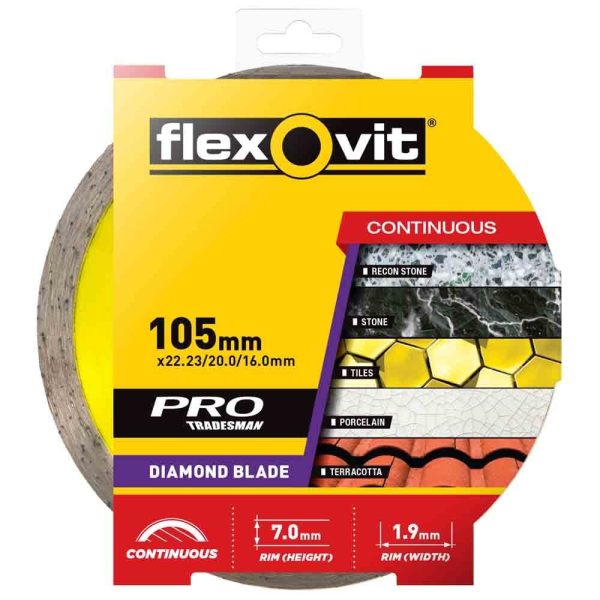 105 x 1.6 x 7 x 20/16mm TILE CUTTER FLEXOVIT CONTINUOUS RIM DIAMONDS BLADES - FOR ANGLE GRINDER/CIRCULAR SAW/TILE SAW - Image 2