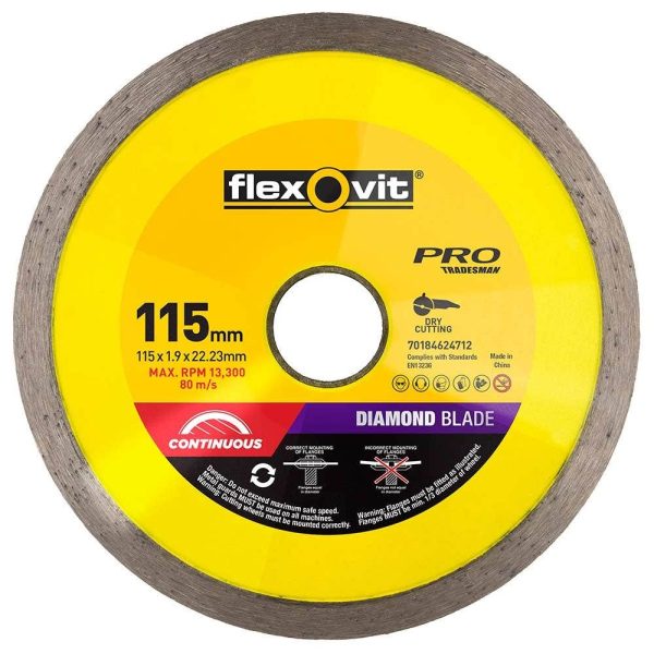 115 x 1.6 x 7 x 22/20mm TILE CUTTER FLEXOVIT CONTINUOUS RIM DIAMONDS BLADES - FOR ANGLE GRINDER/CIRCULAR SAW/TILE SAW