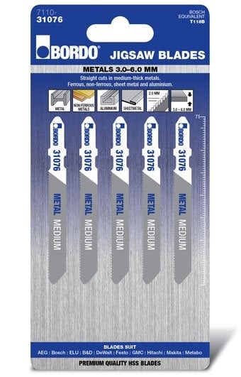 Bordo 75mm x 2T Medium Straight Cut Jigsaw Blade - 5Pk