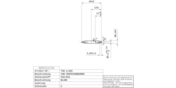 Guhring Center drills without flat Form A/R Carbide #3 - Image 2