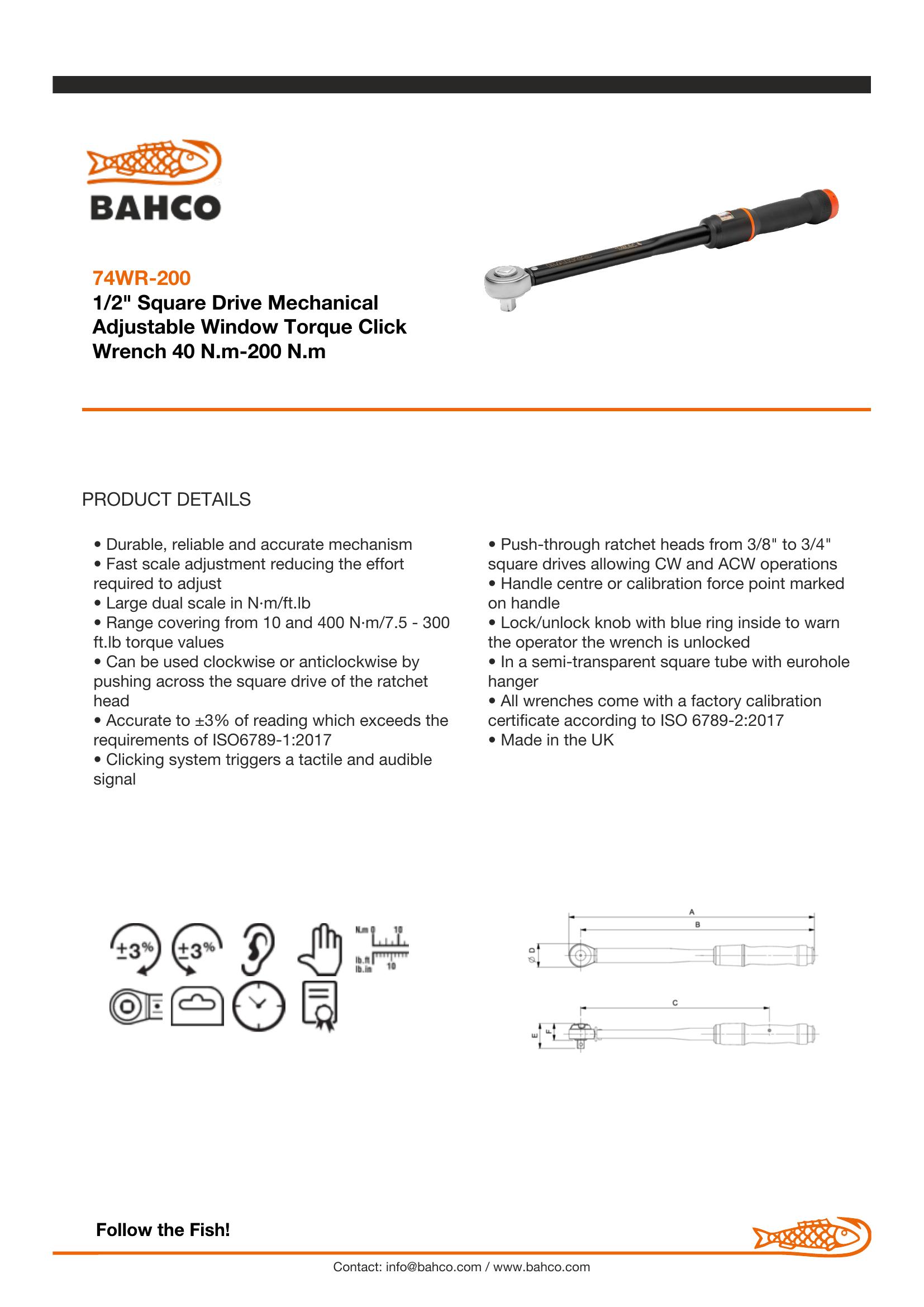 Bahco 1/2" Square Drive Mechanical Adjustable Window Torque Click Wrench 40 N.M-200 N.M - Image 6