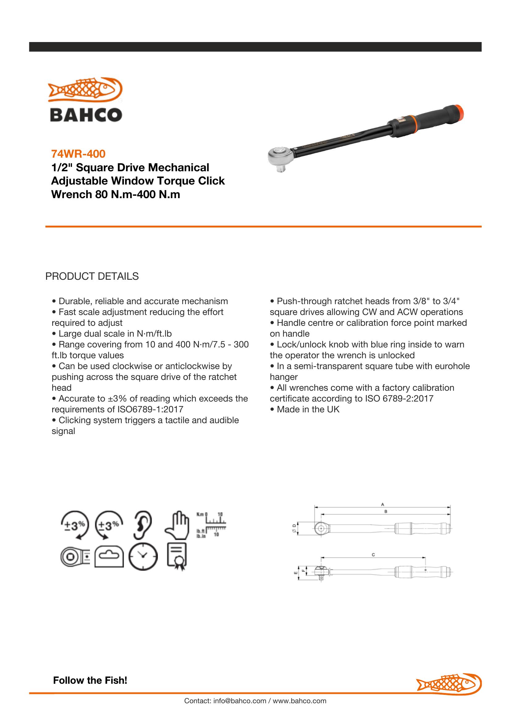 Bahco 1/2" Square Drive Mechanical Adjustable Window Torque Click Wrench 80 N.M-400 N.M - Image 6