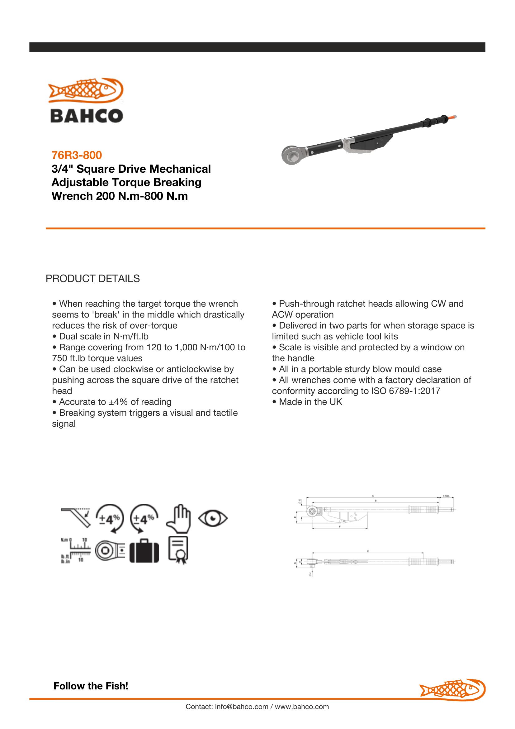 Bahco 3/4" Square Drive Mechanical Adjustable Torque Breaking Wrench 200 N.M-800 N.M - Image 6