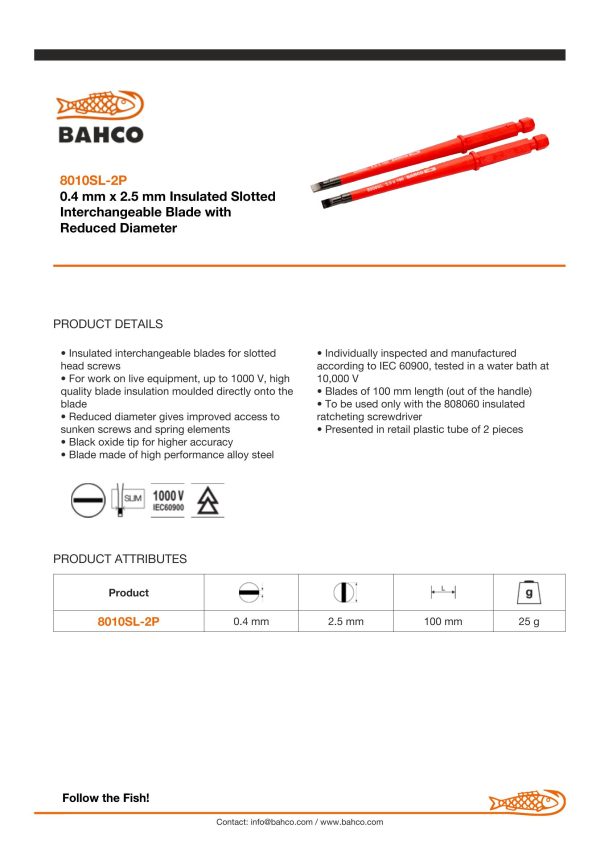 Bahco 1000v Insulated blade - Slotted 0.4 x 2.5mm - 2 blades per pack - Image 3