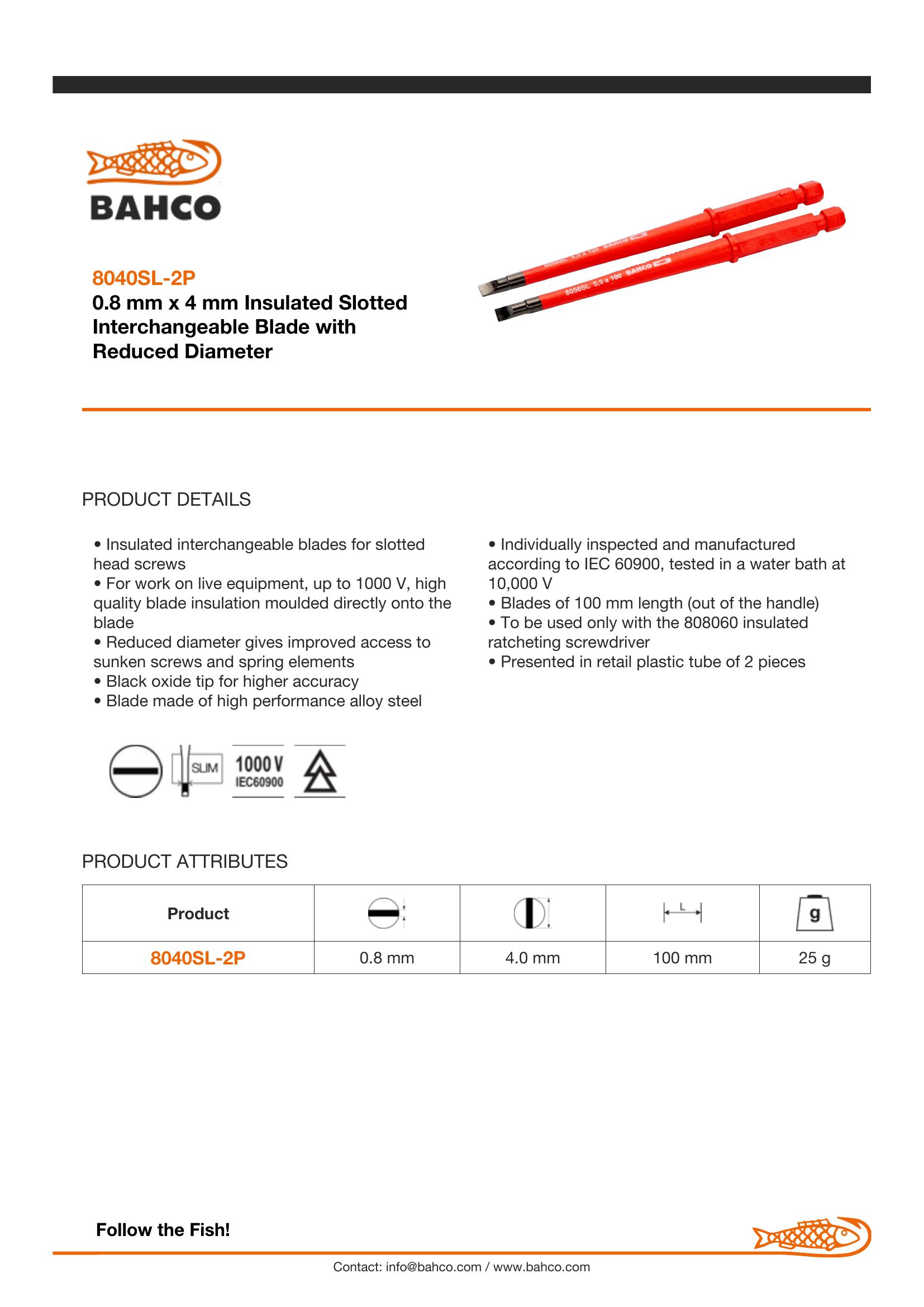 Bahco 1000v Insulated blade - Slotted 0.8 x 4.0 - 2 blades per pack - Image 3