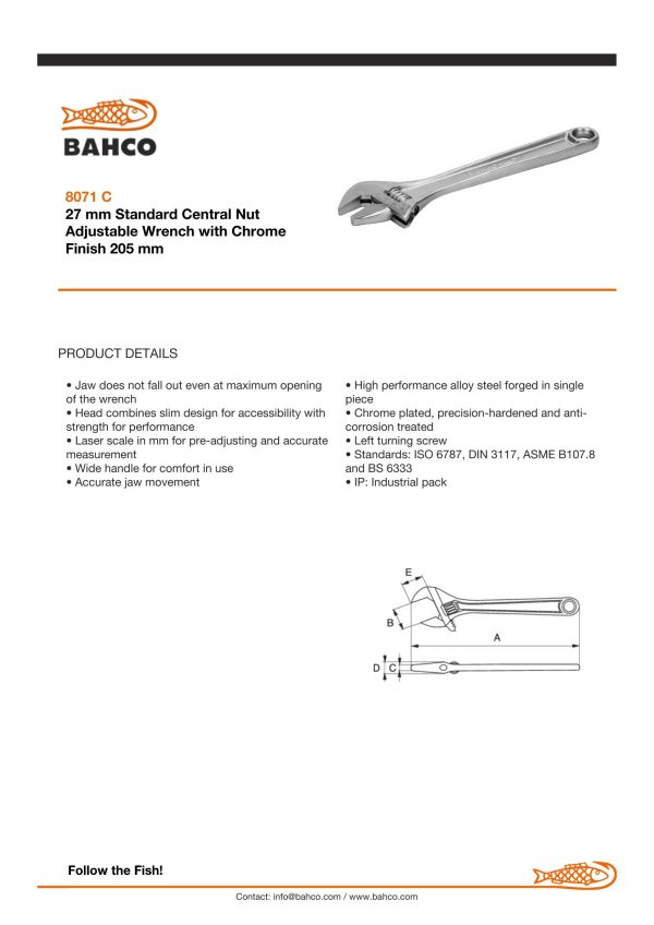 Bahco Adjustable wrench, 8", 200mm, chrome, 27mm opening - Image 4