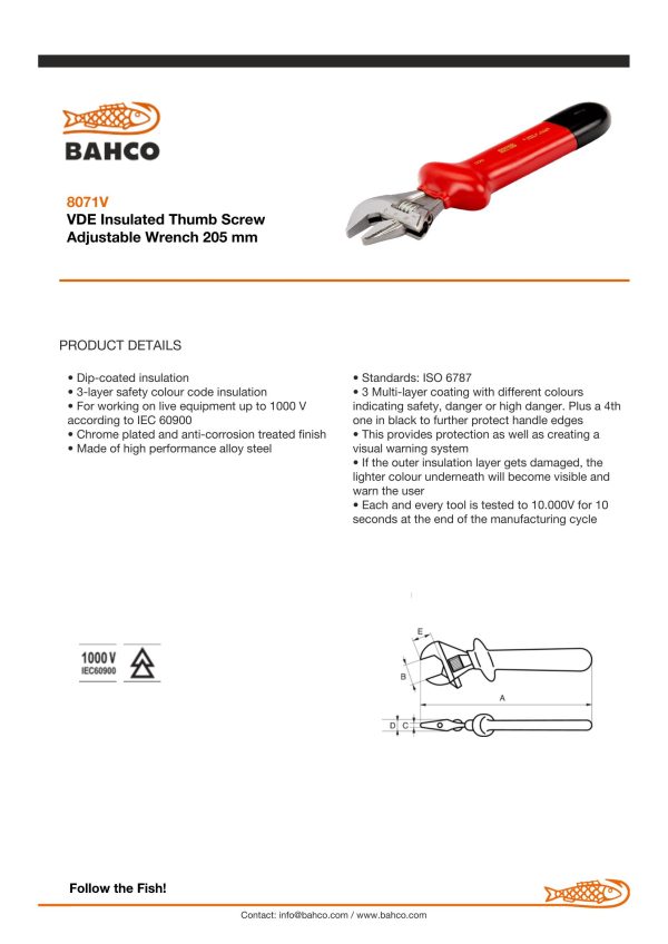 Bahco VDE Insulated Thumb Screw Adjustable Wrench 205 mm - Image 4