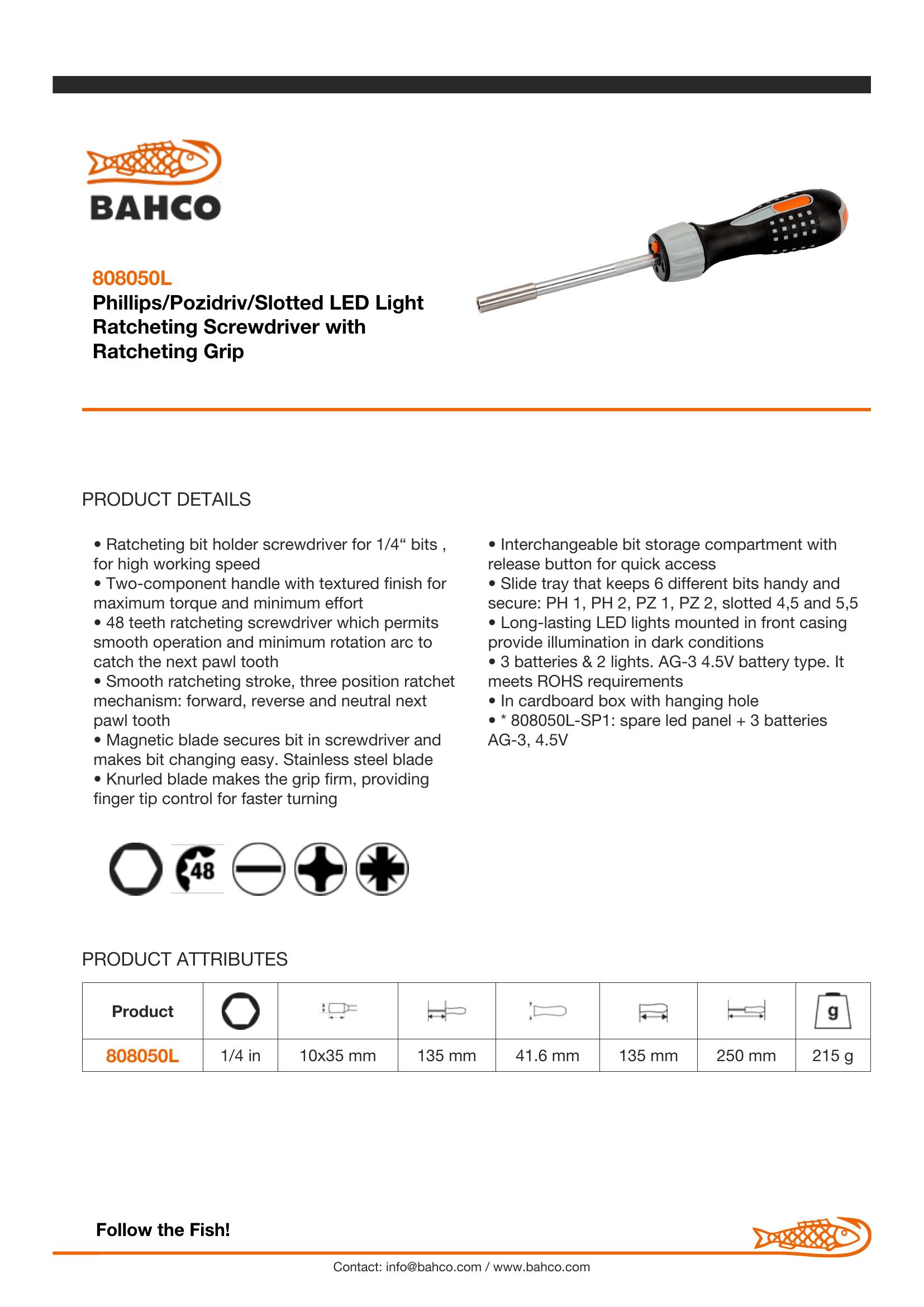 Bahco 1/4" Hex LED Light Screwdriver with Ratcheting Grip for Phillips/Pozidriv/Slotted 135 mm - Image 6