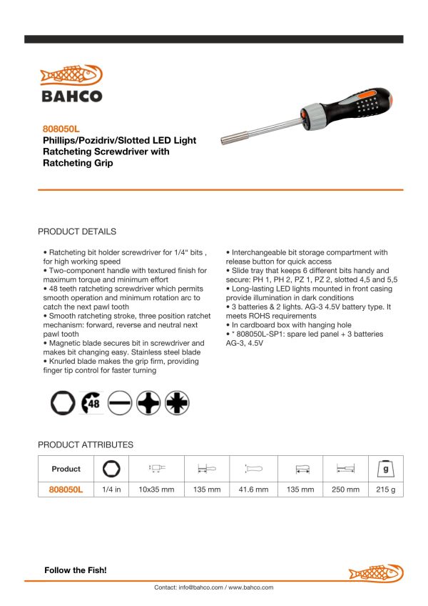 Bahco 1/4" Hex LED Light Screwdriver with Ratcheting Grip for Phillips/Pozidriv/Slotted 135 mm - Image 6