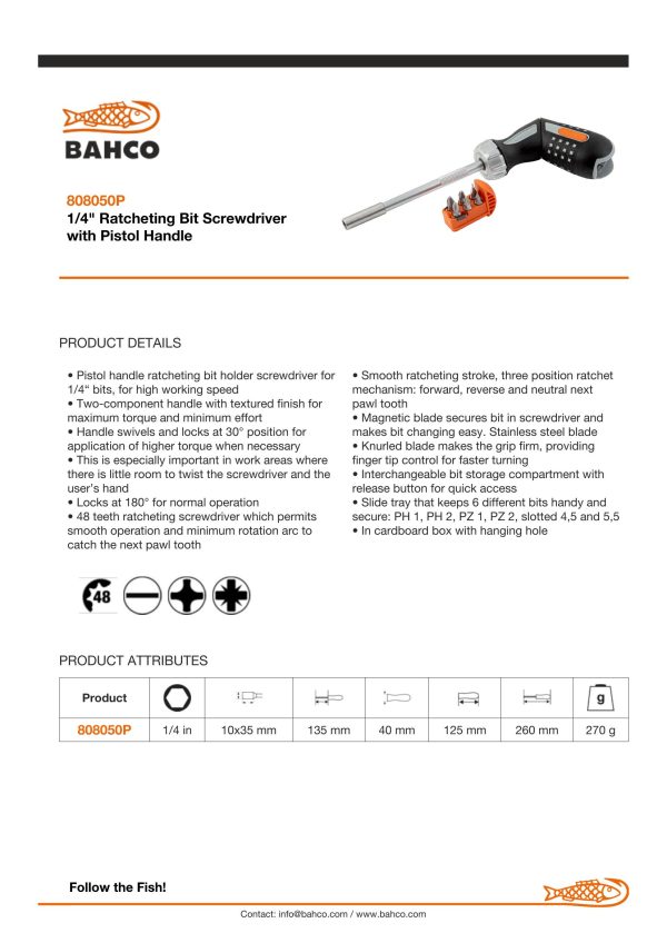 Bahco Screwdriver, ratchet, pistol grip, 250mm long, contains 6 bits: PH1, PH2, PZ1, PZ2, SL 4.5 and SL 5.5 - Image 6