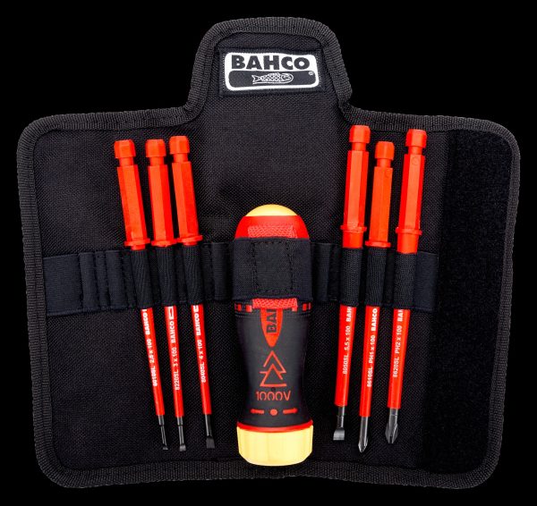 Bahco 7 piece 1000v Ratchet Screwdriver Set with 1000v interchangeable blades in nylon pouch - Image 2
