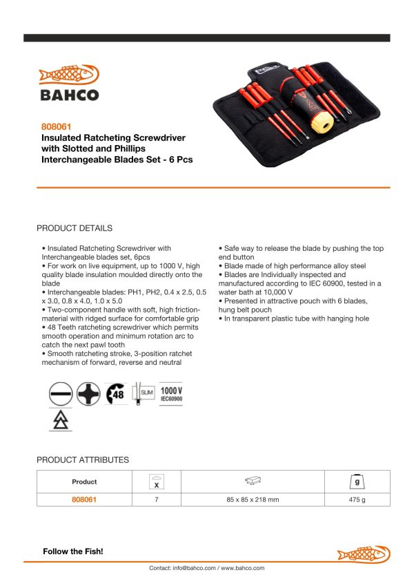 Bahco 7 piece 1000v Ratchet Screwdriver Set with 1000v interchangeable blades in nylon pouch - Image 6