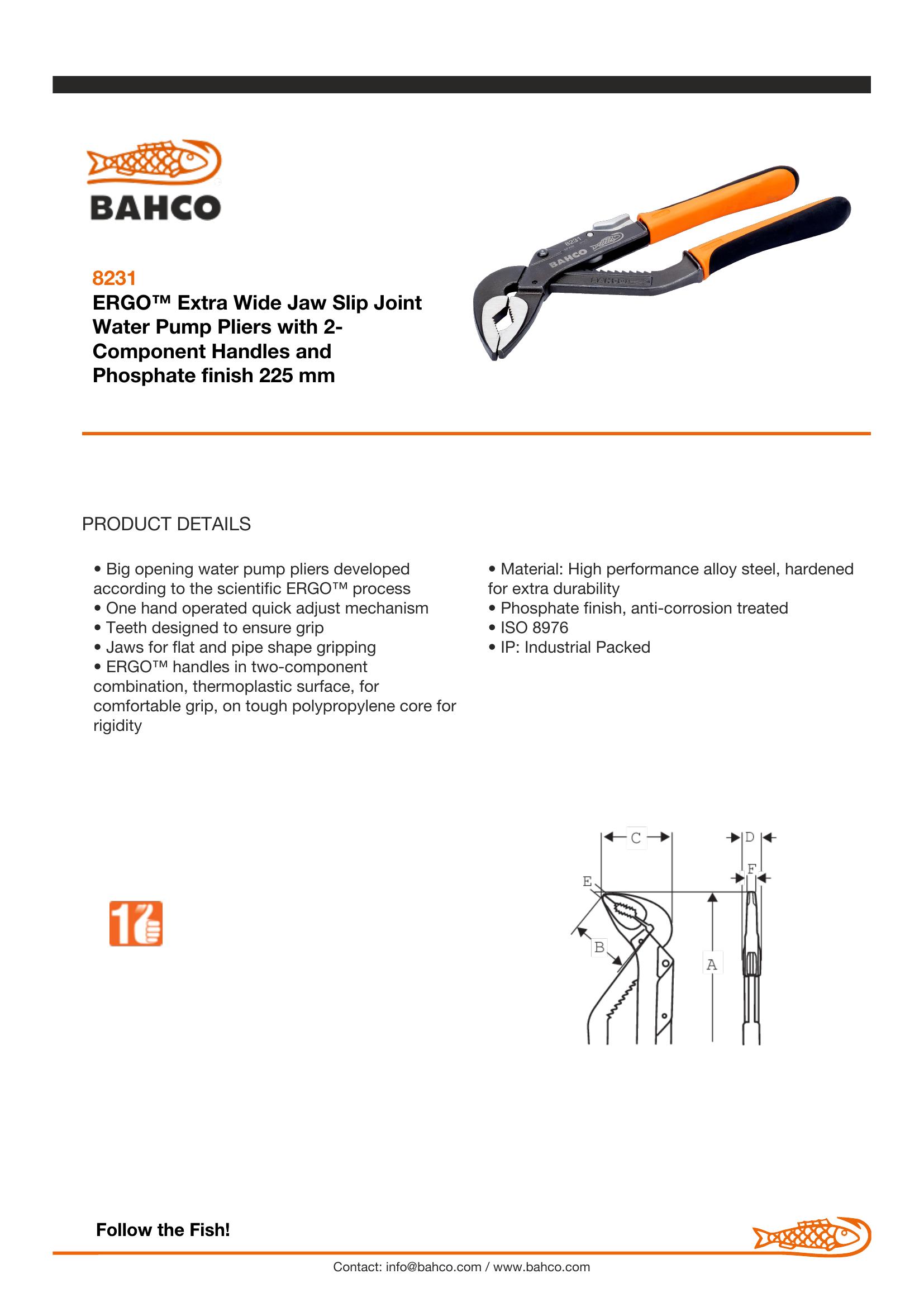 Bahco Slip joint pliers, ergo, 210mm, extra wide jaw opening 55mm - Image 6