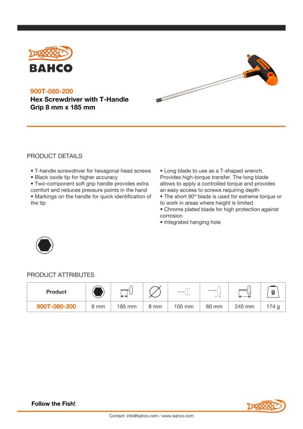 Bahco T-Handle Screwdriver - Hex Driver - Tip Size: 8mm - Image 4