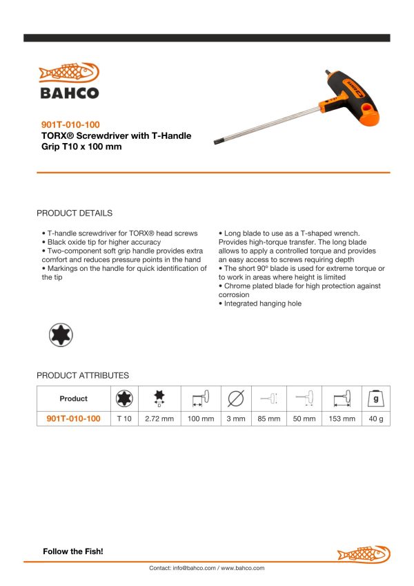 Bahco T-Handle Screwdriver - Torx Driver - Tip Size: T10 - Image 4