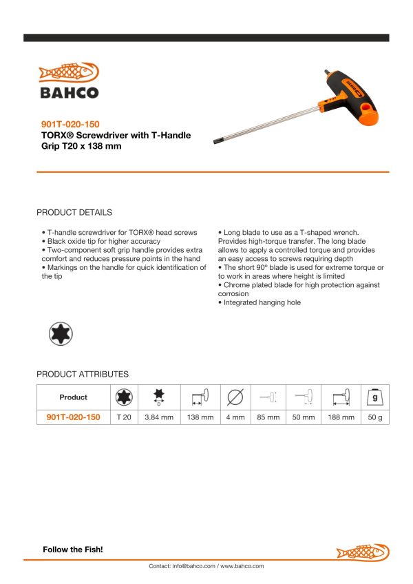Bahco T-handle Screwdriver - Torx Driver - Tip Size: T20 - Image 4