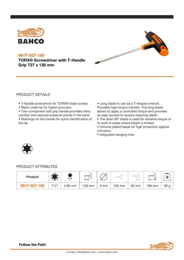 Bahco T-Handle Screwdriver - Torx Driver - Tip Size: T27 - Image 4