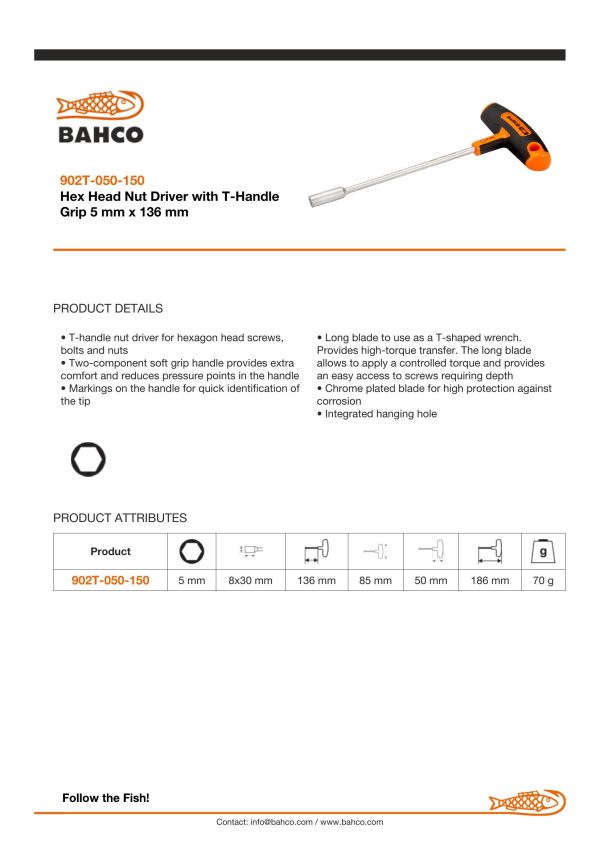 Bahco T-Handle Screwdriver - Nut Driver - Tip Size: 5mm - Image 3