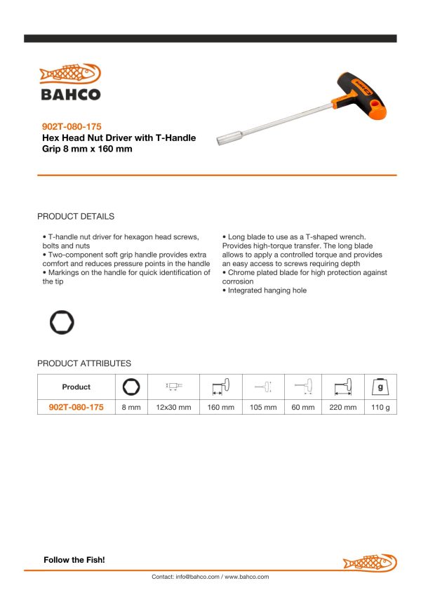 Bahco T-Handle Screwdriver - Nut Driver - Tip Size: 8mm - Image 3