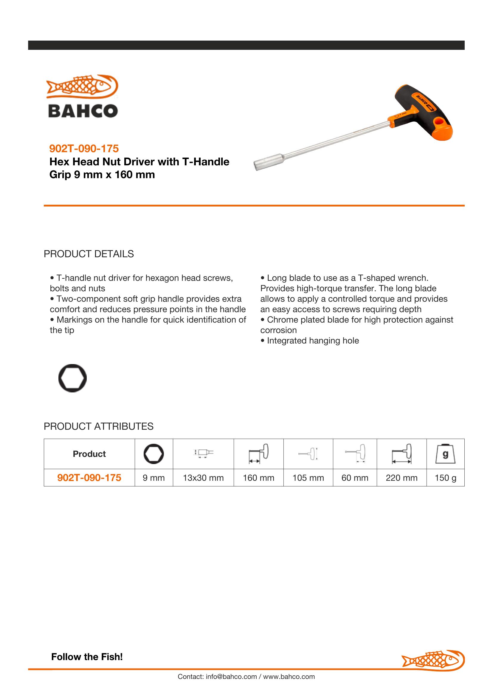 Bahco T-Handle Screwdriver - Nut Driver - Tip Size: 9mm - Image 3