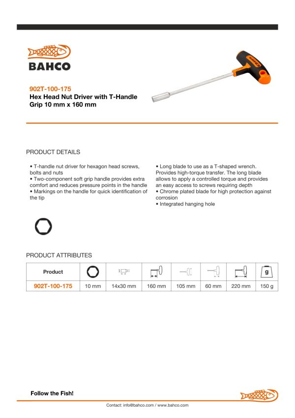 Bahco T-Handle Screwdriver - Nut Driver - Tip Size: 10mm - Image 3