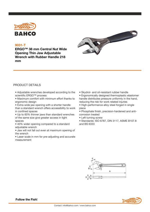 Bahco Adjustable wrench, 8". 200mm, thin jaws, extra wide jaw opening to 38mm - Image 5