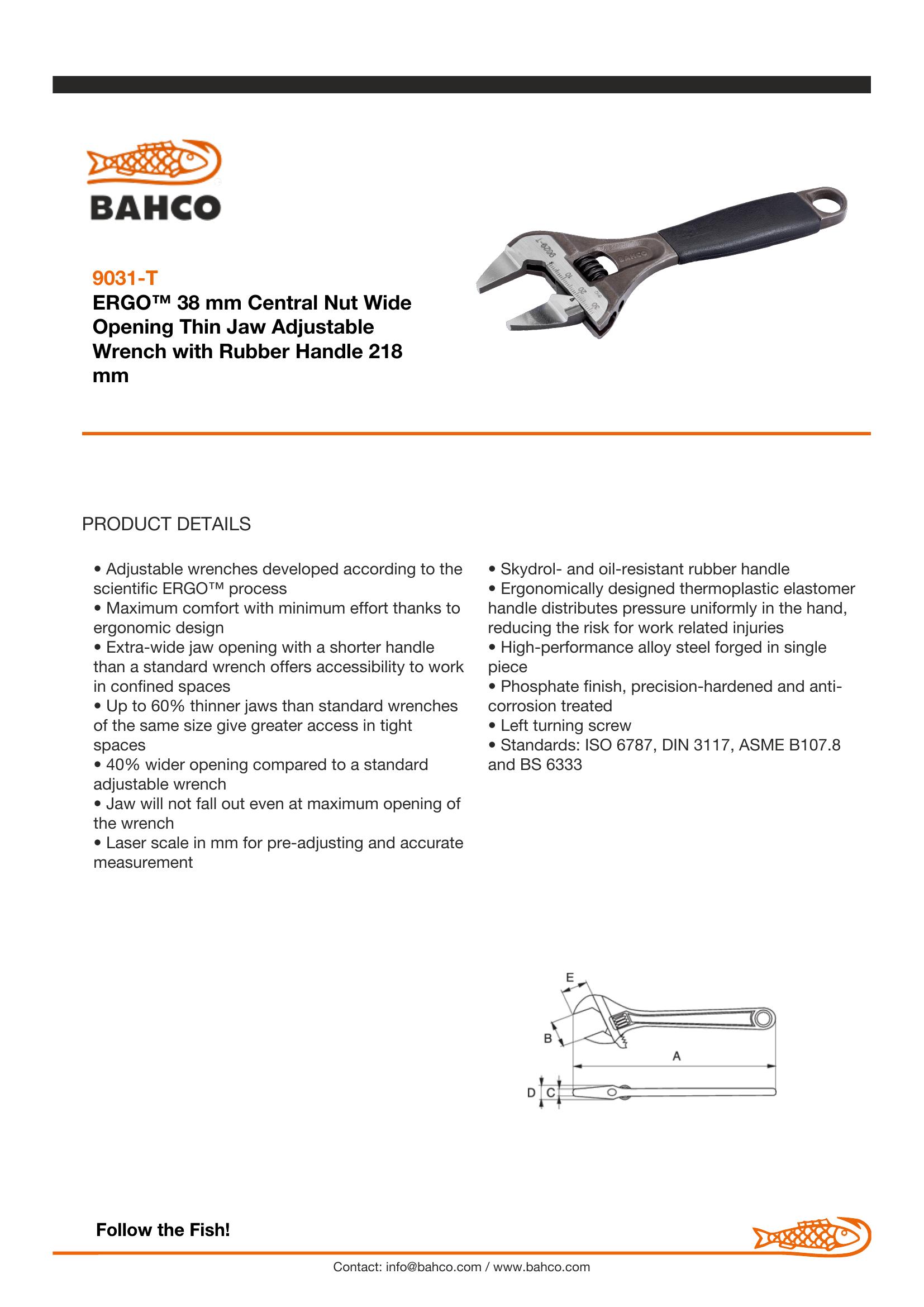 Bahco Adjustable wrench, 8". 200mm, thin jaws, extra wide jaw opening to 38mm - Image 5